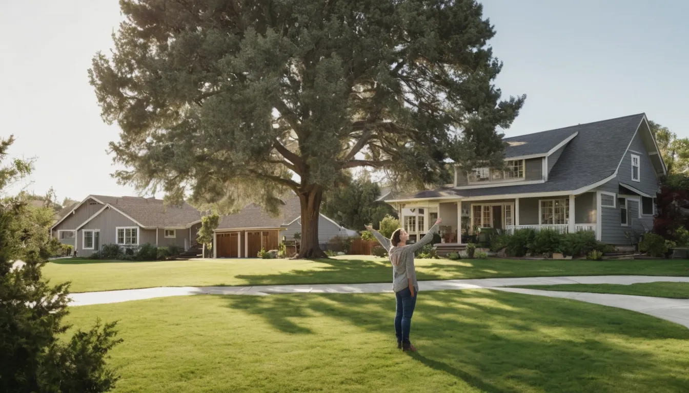 Homeowner looking at a leaning tree in a yard in the New Richmond area