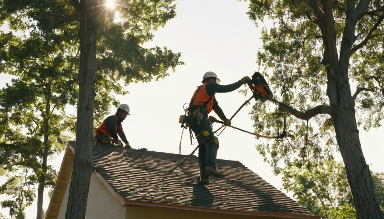 Provider crew safely removing a large tree beside a house in New Richmond